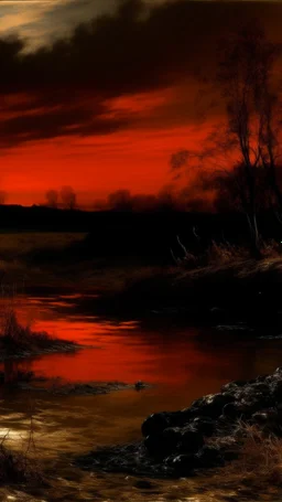A reddish black swampy bog with fiery will-o'-the-wisps painted by Gustave Courbet