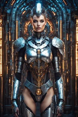 Fullbody Gorgeous photography super model Russian as Cyborg Robotic Beautiful and sexy woman dressing Biomechanical Symmetry Facing front portrait of Horus, sci-fi armour, tech wear, glowing colors lights sci-fi, intricate, elegant, highly detailed, digital photograph