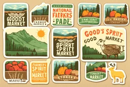 Sticker for a farmer's market done in a national parks sticker style, Text "Good Spirit Market"