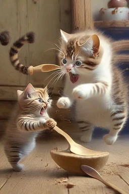 mother cat chasing baby cat with wooden spoon eating cake