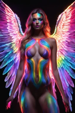 Gorgeous Photography Beautiful Angel with body painting art neons rainbow colors glowing bright light in the dark and colorful details