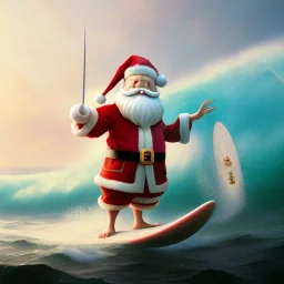 Santa standing of surfboard surfing a big wave, empty hands, beach, character design by cory loftis, fenghua zhong, ryohei hase, ismail inceoglu and ruan jia. unreal engine 5, artistic lighting, highly detailed, photorealistic, fantasy