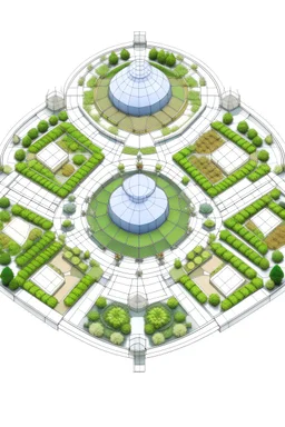 Large nature conservatory floorplan. There are four different garden domes for botanical gardens. They are each located at a point that would make up the shape of a square. Four separate walkways connect the four domes. In the middle of the square space, is filled with a pond with a lone small garden dome placed on top of the water. There are no land are in the middle where the water is so there is no way to get to the lone dome.