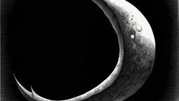 In the moon's waning moments, its diminishing crescent shape transforms into a keen-edged, predatory form, like the jaws of a cosmic entity, pencil drawing