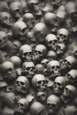 a blurry, distressing, haunting image of shattered skulls, scattered