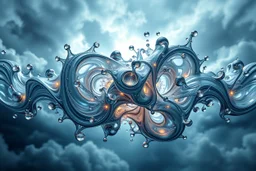 Dynamic complex hypnotic fractal 3D structures horizontal Symmetry twisting and morphing between organic and geometric forms , smooth translucent iridescent glass with inner glow and bubbles, varied transparent materials, stormy skies, intense dramatic