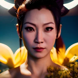 Chun-li underwater with yellow flowers for hair, closed eyes, rtx, reflection, 8k, glow, winning photography, caustics