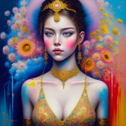 iv_a painting of a young woman, figurative art, an acrylic detailed painting, , brush strokes, paint drips and drabs and splatters by Harumi Hironaka, turquoise pink and yellow, james terrell art, trending on artstation, soft lines,intricate art by bastien lecouffe deharme and greg rutkowski