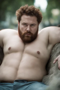 full figure photography, fat strong chubby, 35mm lens, burly italian man short hair, 27 years old lying , red beard, with hands behind the head, hairy armpits, manly armpits, ugly and dirty, manly chest, hairy chest, big shoulders, muscular chubby, manly chest, shirtless, with bulging unbuttoned boxer, sad eyes, photorealistic , dim side light, ambient occlusion, in the dark , aerial view