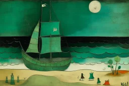 A bluish green beach with a pirate ship painted by Paul Klee