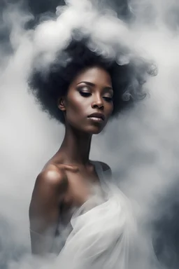 beautiful black women in white Smokey ethereal, heavenly background