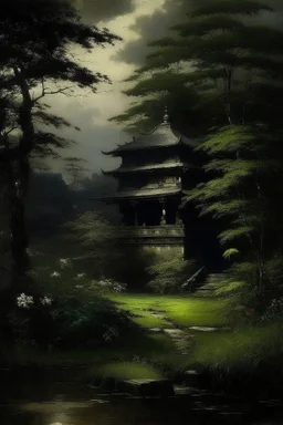 A black dark shadowy Japanese palace painted by George Inness