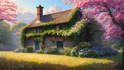 Art by Ralph Horsley. "beautiful ancient cottage fully overgrown by flowers | maximalist, dreamy | intricate details | hyperdetailed painting by Hirofumi Keracenter, Tom Bagshaw | middle, centered". ultra highly detailed, detailed digital painting, highly detailed, intricated, intricated pose, clarity, high quality