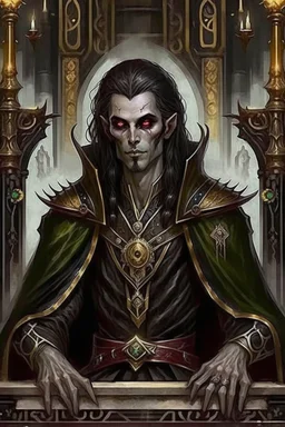 full length, mantle, black cloth, dark green eyes, sits on the throne