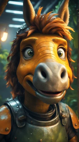 close up, magazine cover, smiling with front teeth, metallic yellow orange donkey turtle chivalry knight with friendly cute face and hair locks in dark lit reflective wet jungle metallic hall dome hotel tunnel, in the style of fallout 4 game,bokeh like f/0.8, tilt-shift lens 8k, high detail, smooth render, down-light, unreal engine, prize winning