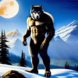 portrait of 'Werewolf',snow,mountains,River,ancient armor,painting by Earl Norem, simon Bisley,frazetta,西嘛哒, evan lee, Vallejo,kelly oil on canvas, cinematic composition, extreme detail,fit full head inside picture,8k