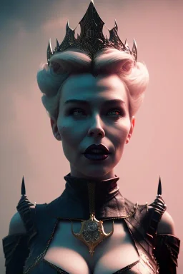 Hannah Waddingham as evil queen in black leather, busty, cleavage, voluptous, rebecca Welton, angry, stern look. character design by cory loftis, fenghua zhong, ryohei hase, ismail inceoglu and ruan jia. unreal engine 5, artistic lighting, highly detailed, photorealistic, fantasy