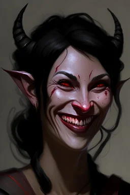 A kind looking tiefling woman in her 40s. She is motherly, with black hair and red eyes. She has scars and wears black. She is smiling with a closed mouth