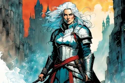 create an imaginative full body print illustration of an ethereal, otherworldly , ghost haired, female grandmaster Witcher in Kaer Morhen armor , in the comic book art style of Bill Sienkiewicz, Mike Mignola, and Jean Giraud Moebius, with highly detailed feminine facial features , finely drawn, colored and inked,