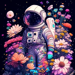 "floral astronaut" hand-drawn digital art, flowers everywhere, colorful garden, beautiful galaxy, REALISTIC, anime, 4k, high resolution, full details, 2560x1600