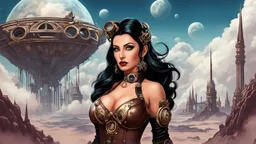 exotic sci-fi steampunk pin-up girl, with long dark hair, on an alien planet with cloud trees, tall spires, buildings, arches and bridges