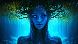 The photo is in a bioluminescent and bioluminescent art style depicting a divine tree woman, double exposure, Bioluminescent dewy translucent glowing skin, ethereal glowing eyes, long neck, perfect face in ultra-realistic details, blue hues, flowing hair, The composition imitates a cinematic film with dazzling, gold and silver lighting effects. Intricate details, sharp focus, crystal clear skin create high detail. 3d, 64k, high resolution, high detail, computer graphics, hyperrealism, f/16, 1/30