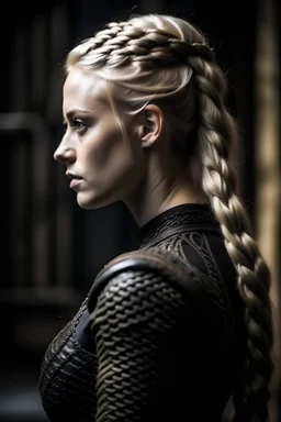 A slightly pale skinned very fit woman in a skin tight black body suit with blond hair that fades to silver at the tip. the hair should be in a tight braid resting over her shoulder. the woman should be facing directly toward the camera. medieval
