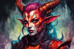 highly detailed, oil and watercolor underpainting concept illustration of a female Tiefling seeress character , maximalist, sharp focus, highest resolution, in the styles of Alex Pardee, Wayne Reynolds, Denis Forkas , and Masahiro Ito, boldly inked, 8k, coarse, gritty textures