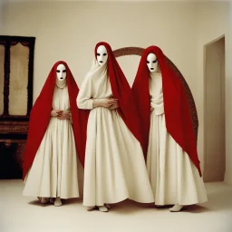 no face A fashion photography of a group wearing traditional Middle Eastern , no face in a white studio with a red scarf around the head and a long skirt, posing for Vogue magazine in the style of James Bidgood photographed in the style of Tim Walker. --ar 101:128 --v 6. 0