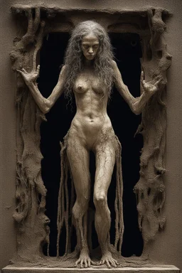 sculpture of beautiful girl with long curly hair , half the body , front view . decayed and rotting with grotesque proportions and imagery. grotesqueries, detailed texture, surreal horror, biomechanical design, by hr giger and beksinski