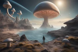 A hyper-realistic 16K 3D photograph of an alien world, with a woman in a spacesuit looking over a rocky shoreline, witch's hat mushrooms with tentacles floating across the sky