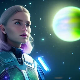 A portrait of a transparent crystalline girl,smiling, longs blond hairs, green eyes, galactic dress, atmospheric, realistic, cinematic lighting, octane render, purple and blue sky, nebula, stars, planets in background, spaceship in background