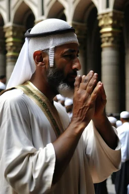 A picture of a Muslim man raising the Islamic call to prayer, in Mecca