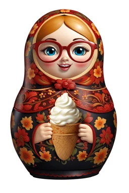 draw a Russian matryoshka doll in the style of Khokhloma, the matryoshka is smiling, the matryoshka has a icecream in her hands, a frontal angle, a picture on a white background, the matryoshka is drawn entirely, a highly detailed 3d picture