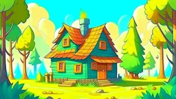 Cartoon style: at the end of the forest, on the horizon there is a small wooden house