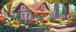 Background: a cozy cottage nestled in the forest, gardens with flowers and vegetables growing, dense forest. 3D vector cartoon asset, mobile game cartoon stylized, clean Details: mailbox, flower boxes in windows, picket fence, detailed. Camera: side angle, 90°, 35 mm. Lighting: warm sunbeams through trees, bloom, LED lights. cartoon style
