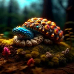 Fuzzy cute psychedelic caterpillar sitting on a forest floor mushroom, hyper realistic. psychedelic, baroque, photorealistic