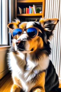 Dog wearing sunglasses at home
