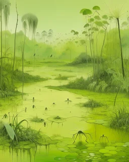 A light yellowish green swamp with bugs in daylight painted by Cai Jia