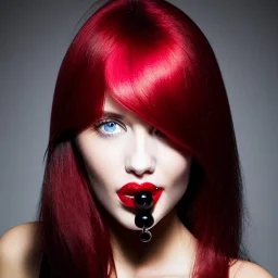 womans face with jawbreaker-eyes, redlicorice hair,