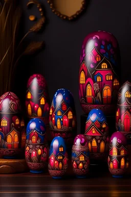 A dark magenta village with dancing fire designed in Matryoshka nesting dolls painted by Wassily Kandinsky