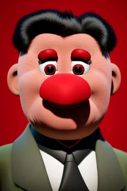 Waist up muppet Portrait, Kim Jong-un muppet doll, black suit, photo studio, red background, unreal engine 5, concept art, art station, god lights, ray tracing, RTX, lumen lighting, ultra detail, volumetric lighting, 3d.