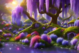 monde en fleurs, flower tree-houses, concept art, crépuscule , fuksia bleu oranger, vibrant Color, réaliste, riviere bleu, tree-house wisteria