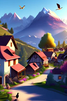Beautiful village, houses, Mountains, trees, birds, beautiful,3d illustration.