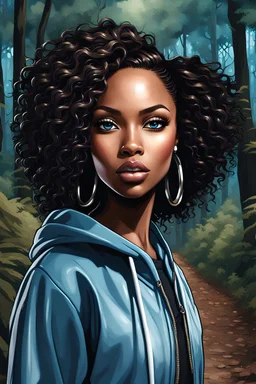 HYPER REALISTIC Graffiti, closeup portrait, WHIMSICAL DIGITAL ILLUSTRATION, HD, HIGH CONTRAST CHIBI STYLE STUNNING AFRICAN AMERICAN WOMAN WITH BEAUTIFUL large, brown-colored EYES, fierce makeup, black straight hair, LONG LASHES AND LIP GLOSS WEARING An OVERSIZED blue sweatsuit, WALKING FORWARD along a wooded path BACKGROUND, REALISTIC TEXTURE, CREATIVE, CINEMATIC, PHOTOGRAPHY SEAMLESS.