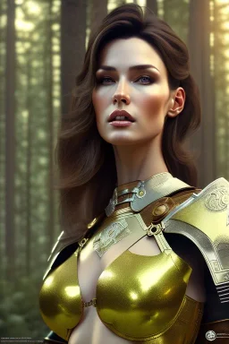 milf, brunette hair, leather armor, full portrait, forest, 8k resolution, high-quality, fine-detail, intricate, fantasy art, detailed matte, volumetric lighting, illustration, 3D