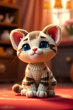 4K photograph featuring a lovable, Pixar-inspired blotched tabby female kitten, expertly crafted in a whimsical and vibrant cartoon style. The kitten, adorned with soft fur and expressive features, is masterfully rendered in a lifelike 3D amigurumi crochet design, which captivates viewers with its irresistible charm. The background is filled with warm, inviting colors and a 3D render, creating a cinematic atmosphere that further accentuates the kitten's enchanting appeal