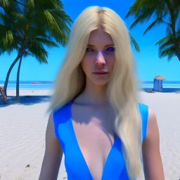 Beautiful subtil face woman blue eyes long blond hair in an hippy blue flower dress on a beach, unreal engine, 4k