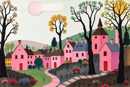 A pink magical village painted by Paul Klee
