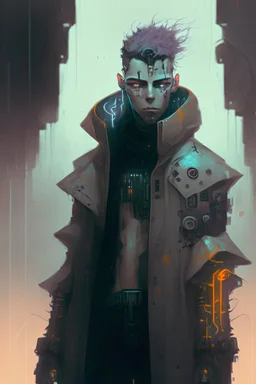 Cyberpunk netrunner, cybernetic eyes, standing in mists, Male, Spanish, dark art, Ivory Peach skin, cute